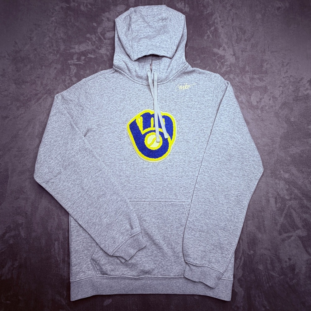 Nike Milwaukee Brewers Hoodie Mens Small Grey Cooperstown Retro Patch Pullover